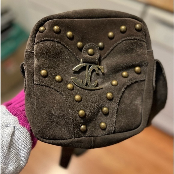 JUST Cavalli Brown Suede Leather Studded Crossbody Bag - Picture 3 of 7